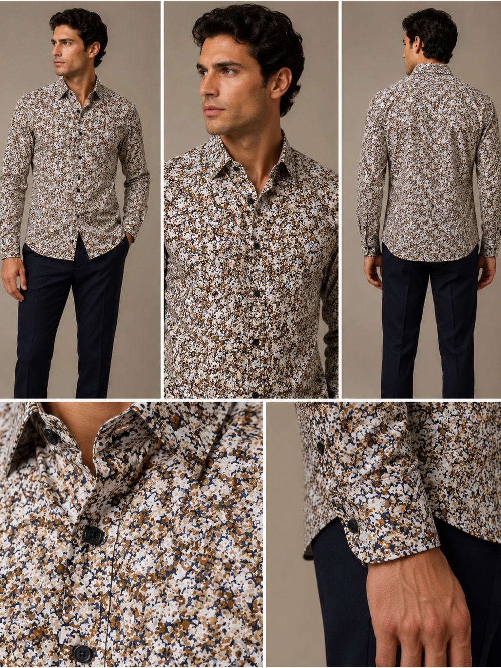 SELECTED HOMME- Slim-Fit Men’s Floral Button-Up Shirt in Brown and White